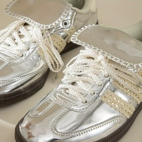 Resim 2 Çift Y2K İnci-Parıltılı Beyaz Dantel Bağcıklı Ayakkabılar, Saten İnci Dizeleri ile Hafif ve Zarif Tasarım, Günlük ve Resmi Giyim için, Çok Yönlü Ayakkabı Aksesuarları, Ayakkabı Aksesuarları 
