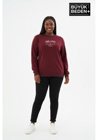 Resim Süperlife Kadın Büyük Beden Milano İtalia Baskılı Bisiklet Yaka İnce Sweatshirt Spr26bswk956-9 Bordo 