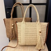 Resim Kadınlar için Bohem Tarzı El Dokuma Omuz Çantası - Büyük Kapasiteli Yaz Plaj Tote, Fermuar Kapatma, Polyester Astar, Püskül Detay, Kahverengi/Beyaz, Seyahat ve Günlük Çıkışlar için Mükemmel, Güvenli Fermuarlı El Çantası | Bohem Tarzı Moda Çantası | Karma Dokuma, Plaj Çantası 