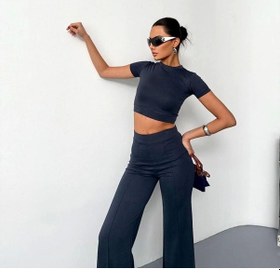 Resim Buğrahayalin Osy Modal Yumuşak Dokulu Kumaş Kısa Kollu Crop Alt Ispanyol Paça Pantalon Ikili Takım - Füme 