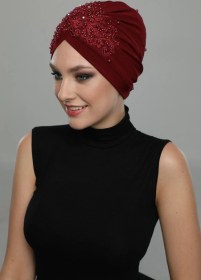 Resim Elysianfidan Kopma Astarlı Işlemeli Bordo Dantel Motifli Hazır Türban Tesettür Abiye Bone Bordo Dantel 