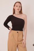 Resim Kaktüs Moda Kaşkorse Kumaş Tek Omuzlu Kahve Kadın Bluz 