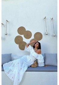 Resim Pembe Omuzları Lastikli Brode Elbise Çok renkli 