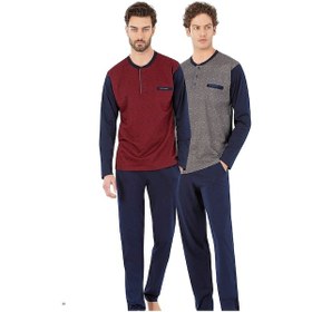 Resim 6059 Erkek Uzun Kollu Önden Üç Düğmeli Pijama Takım-bordo Bordo 