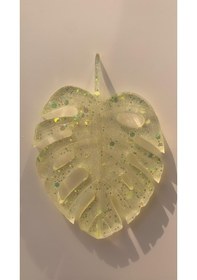 Resim Transparan Sarı Renk Glitterli Epoksi Bardak Altlığı Yaprak Desen Sarı 