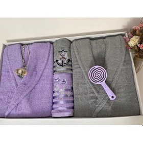 Resim Çeyizlik Aile Bornoz Seti 4 Parça Lila - Gri Çok Renkli 