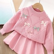 Resim Kız Çocukları İçin 2025 Sonbahar Yeni Desenli Uzun Kollu Örgü Kazak Elbise İki Parça Takım 