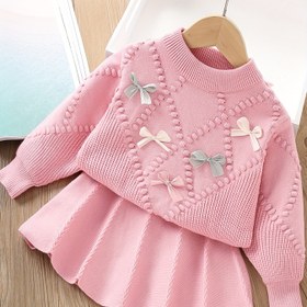 Resim Kız Çocukları İçin 2025 Sonbahar Yeni Desenli Uzun Kollu Örgü Kazak Elbise İki Parça Takım 