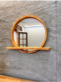 Resim 60x60 Cm Raflı Masif Kayın Ağacı Yuvarlak Ayna İskandinav Tarzı Antre Ve Banyo Aynası Siyah 