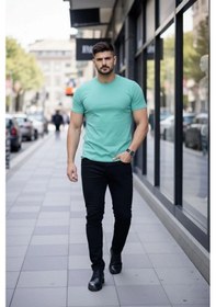 Resim Erkek Body Tişört Bisiklet Yaka Slim Fit Likralı T-shirt - Turkuvaz Turkuaz 