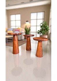 Resim Ahşap Mantar Sehpa 3 Lü Fındık Renk Doğal Zigon Fiskos Kahverengi 