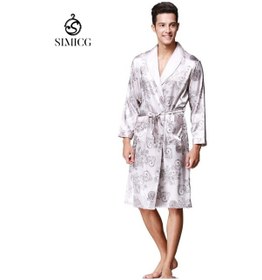 Resim İpek Buz İpek Erkek Pijamaları Uzun Kollu Bornoz Dışarıda Giyilebilir Gri 