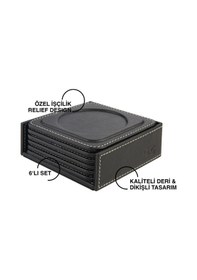 Resim Bardak Altlığı,6 Lı Set,masaüstü Yuvarlak Cup Coaster,vegan Suni Deri,11x11 Cm.,siyah 