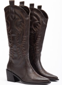 Resim DENORA Acı Koyu Kahve Mat Deri Nakışlı Kabartmalı Western Kovboy Bot Çizme 