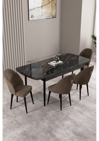 Resim Milas Siyah Mermer Desen 80x132 Açılabilir Mdf Masa Yemek Odası Takımı,mutfak Takımı 4 Adet Sandalye Kahverengi 