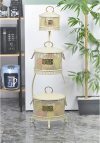 Resim Metal Standlı 3 Katlı Delikli Patates Soğan Sarımsak Kovası Krem Çok Renkli 