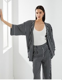 Resim Koton Viskon Kimono Yarım Kollu Cep Detaylı Siyah Çizgili 4sak50080uw 4SAK50080UW9S9 Siyah 