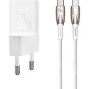 Resim Baseus GaN5 Beyaz 30W PD Hızlı Şarj Adaptörü ve Glimmer Beyaz Type-C to Type-C 100W Hızlı Şarj Kablosu Seti 2m 