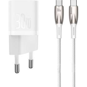 Resim Baseus GaN5 Beyaz 30W PD Hızlı Şarj Adaptörü ve Glimmer Beyaz Type-C to Type-C 100W Hızlı Şarj Kablosu Seti 2m 