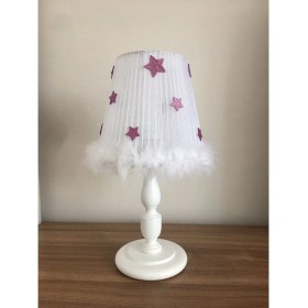 Resim Bebek Çocuk Odası Abajur Beyaz Tüy Mor Yıldızlı 