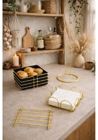 Resim Karteya Gold Servis Sunum Seti Ekmeklik Ekmek Sepeti Mutfak Havluluk Peçetelik Nihale 4 Parça Altın 