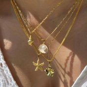 Resim 4 Parça Bohem Plaj Seti - Altın Tonlu Denizyıldızı, İstakoz Kabuğu, Çiçek ve Kolye Uçlarıyla Bileklik Zincirler, Günlük Kullanımdan Partilere Tatil Şıklığı (Paslanmaz Kaplama) 