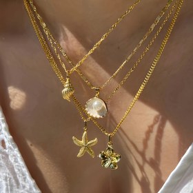 Resim 4 Parça Bohem Plaj Seti - Altın Tonlu Denizyıldızı, İstakoz Kabuğu, Çiçek ve Kolye Uçlarıyla Bileklik Zincirler, Günlük Kullanımdan Partilere Tatil Şıklığı (Paslanmaz Kaplama) 