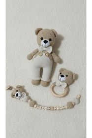 Resim Zey's Amigurumi Amigurumi Tulumlu Ayı Yenidoğan set, Uyku Arkadaşı,Çıngırak,emzik zinciri 