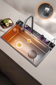 Resim Lotus Tech 13 Fonksiyonlu Premium 5 Tuşlu 2 Yıl Güvenceli Akıllı Şelale Eviye Honeycamb Petek Doku Füme 