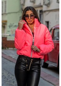Resim Keyifli Moda Kadın Pembe Dik Yaka Kısa Deri Şişme Mont 