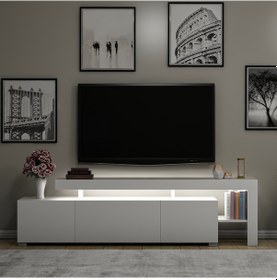 Resim Beliz Modern LED Işıklı 3 Kapaklı, Raflı TV Sehpası – 192 cm, Beyaz 