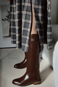 Resim POLKA STORE Daily Düz Tabanlı Tak-Çıkar Kemerli Tokalı Binici Çizme Kadın Ayakkabı Acı Kahverengi 