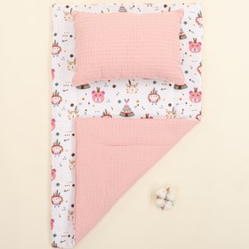 Resim Alt Açma Matı ve Yastık - Çift Taraflı - Pembe Petek - Pembe Ayıcıklar 