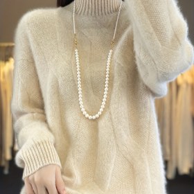 Resim Kadınlar İçin Bej Renkli Ağır Kumaşlı Kazak - Soğuk Havalar İçin Termal Uzun Kollu Kışlık Kazak, Bol Kesim Şeffaf Olmayan Üst - Rahat Günlük ve Resmi Kıyafetler (Elde Yıkama/Kuru Temizleme) - Yetişkin Kadın Kazakları, Katmanlı Giyim, Çok Yönlü Moda, Dayanıklı Örgü Kıyafet 