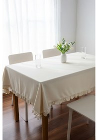 Resim Fırfırlı Krem Pamuklu Masa Örtüsü Şık Ve Zarif Tasarım Bej 