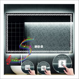 Resim Dnr-Mirror70x90 Cm Beyaz Ledli Tasarım Kumlamalı Dokunmatik Bluetoothlu Buğu Önleyicili Makyaj Banyo Aynası 