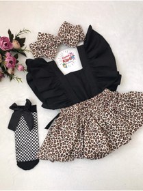 Resim ŞAPKAKİDS Kız Bebek Leopar Desenli Fırfırlı Salopet Bandana Çorap Set 