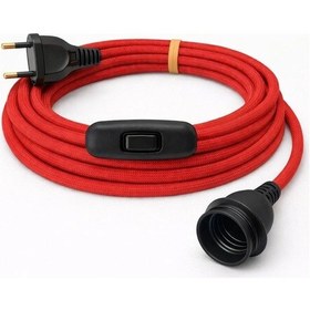 Resim E27 Duy, Kumaş Örgü Kablolu, Arapuar Anahtarlı Fiş 2x0,50 Kırmızı 2 Metre 