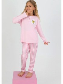 Resim Kız Çocuk Uzun Kollu %100 Pamuklu Düğme Detaylı Pijama Takımı Alright Pembe 
