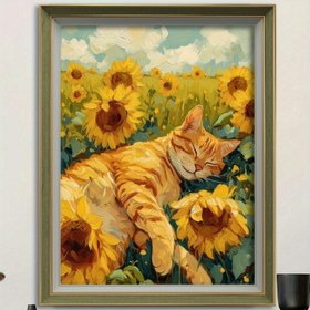 Resim 30.48x40.64 cm Çerçevesiz Tuval Sanat Baskısı - Güneş çiçeklerinde uyuyan sevimli turuncu tabby kedi, Canlı modern duvar dekorasyonu evcil hayvan severler için mükemmel hediye, Noel, Şükran Günü, Yeni Yıl için ideal - Oturma odası, yatak odası, ofis, kafe için uygun 