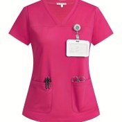 Resim Sevgili Y V Yaka Temizlik Üstü, Düz Renk Kısa Kollu Cep Detaylı Giyim 