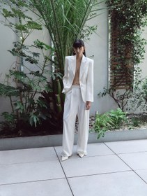 Resim PLEATED PINSTRIPE WIDE LEG PANTS IN WHITE - L / Çizgili 