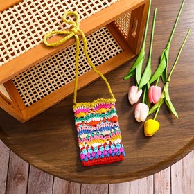 Resim Renkli El Yapımı Tığ İşi Telefon Kılıfı - Canlı Çizgili Tasarım, Sarı İp Kayışlı Çok Yönlü Bozuk Para & Kart Tutucu, Günlük Kullanım İçin Dekoratif Bilek Çantası, Telefon Saklama Kılıfı | Günlük Dekor | Kumaş Yapımı 