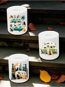 Resim Kedi ve Karavan Baskılı Kumbara - Ev Mutfak Ofis İşyeri Eşyası 