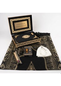 Resim Kuran + Seccade + Tesbih + Takke + Esans + Misvak Hediye Seti Orta Boy, Raşel Cilt, Siyah 