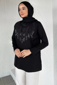 Resim Taşlı Tesettür Anne Penye Bluz Siyah TZL-P-00021461 