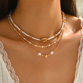 Resim 3'lü Paket, Kadın Moda Kolye Seti, Yaz Plaj Okyanus Stili Kabuk Denizyıldızı Boncuklu Çok İplikli Bohem Beyaz Altın Renkli Boncuklu Gerdanlık Seti, Cam Malzeme, Yazlık Sahil Tatili Kolyeleri 