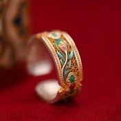 Resim Kadınlar İçin Vintage Çin Esintili Emaye Yüzük - Düğünler, Partiler ve Günlük Kıyafetler için Süslü Tavuskuşu Tüy Desenli Bakır Takı, Yıl Boyunca Şık Aksesuar 