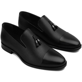 Resim Growish Gr0218 Hakiki Deri Neolit Taban Lazer Desenli Püsküllü Üst Kalite Klasik Business Ayakkabı Siyah Lazer 