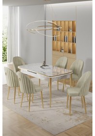 Resim Canisa Rada Serisi 80x132 Açılabilir Lak Panel Beyaz Mermer Desen Masa 6 Krem Sandalye Gold Detay Masa Beyaz Mermer Desen Sandalye Krem 